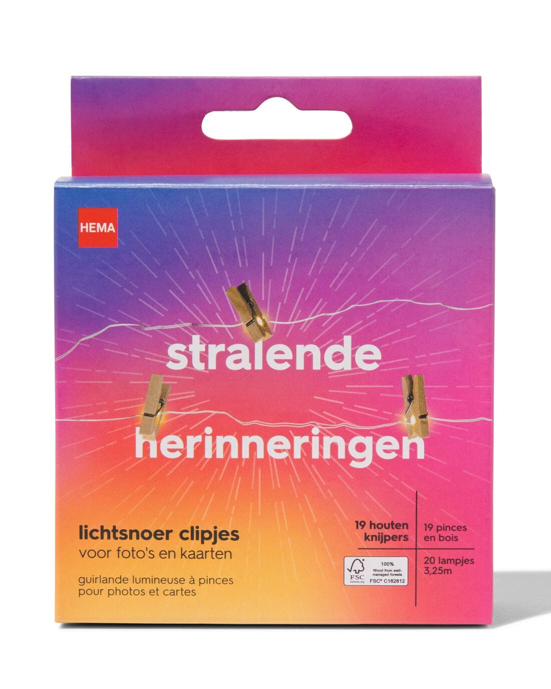 HEMA Lichtsnoer 3.25m met 20 lampjes en 19 clipjes hout | HEMA
