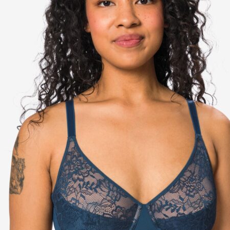 Niet voorgevormde kanten bh met beugel donkerblauw