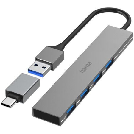 Hama USB Hub 4 Ports USB 3.2 Gen 1/ 5 Gbit/s Ultra-Slim incl. USB-C Adapter USB Hub Grijs | Hama