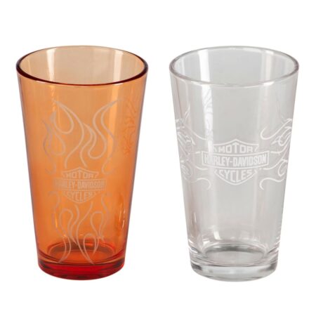 Harley-Davidson Bar & Shield Flames Pintglas Set - 16 oz. Oranje & Doorzichtig | Harley-Davidson