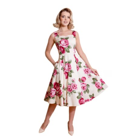Hearts & Roses Frances Floral Swing Dress Cream Pink-XXXXL | Hearts and Roses
