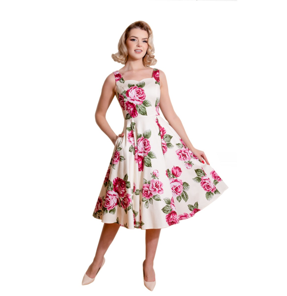 Hearts & Roses Frances Floral Swing Dress Cream Pink-XXXXL | Hearts and Roses