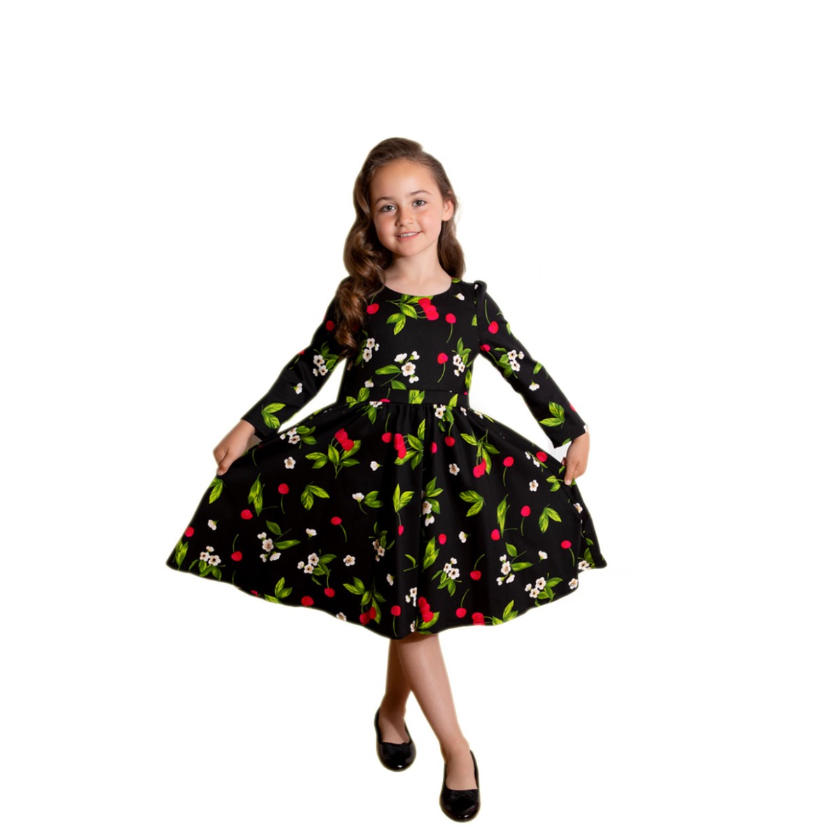 Hearts & Roses Natascha Cherry Kids Swing Dress Black-7 - 8 Jaar | Hearts and Roses