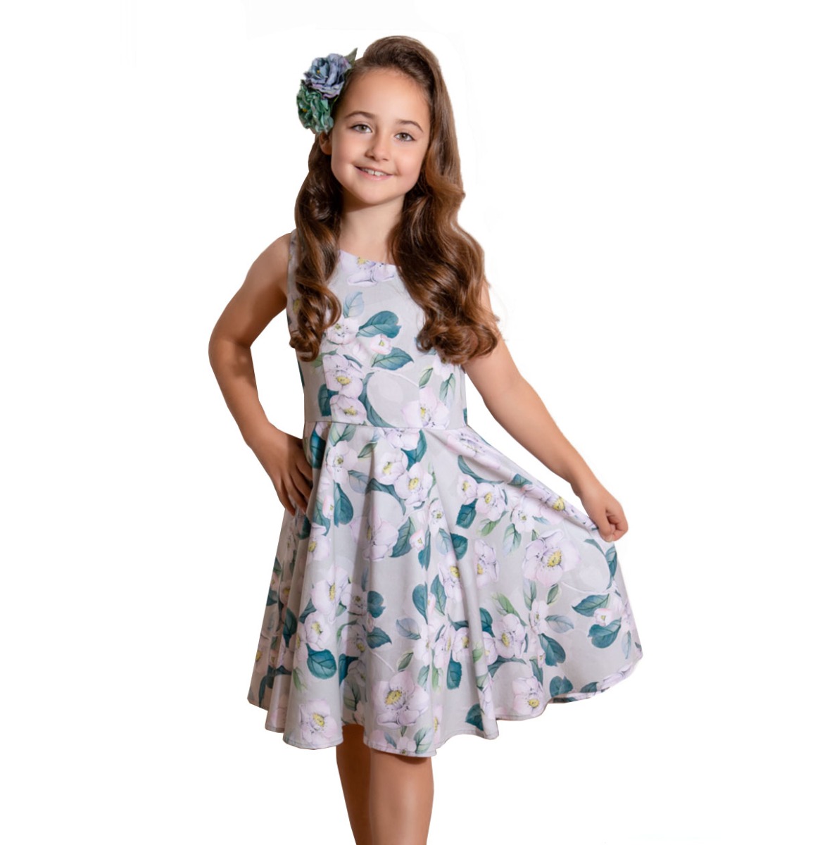 Hearts & Roses Rey Floral Swing Dress Kids Grey-7 - 8 Jaar | Hearts and Roses