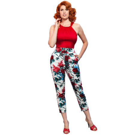High Waisted Cropped Pants White and Red Floral-M | 40% korting | Laura Byrnes