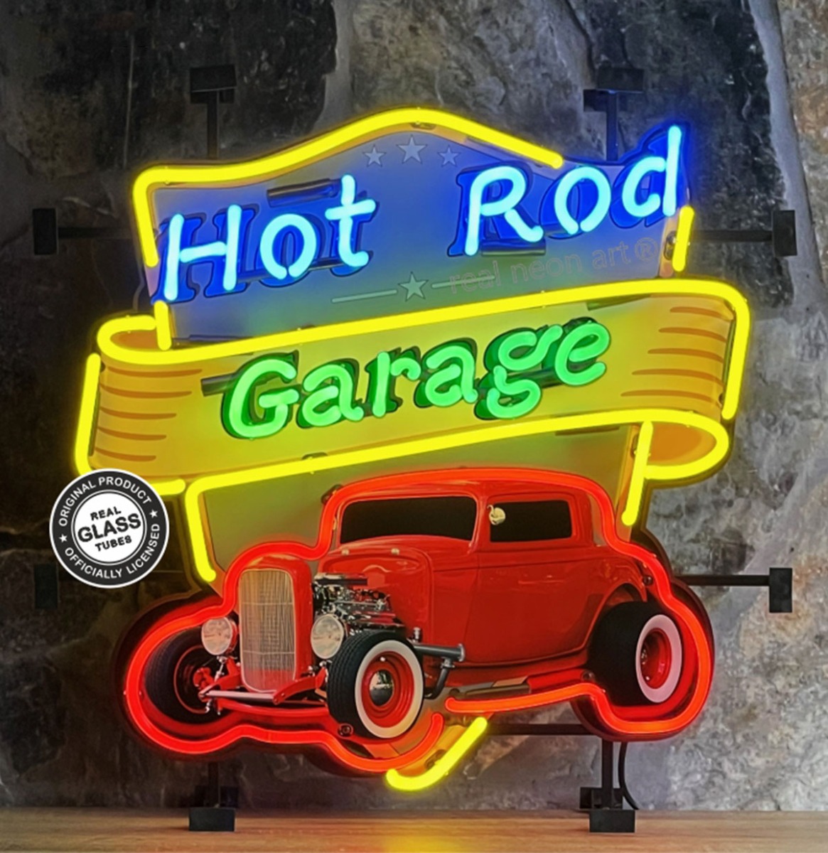Hot Rod Garage Neon Verlichting 65 x 65 cm - Geel