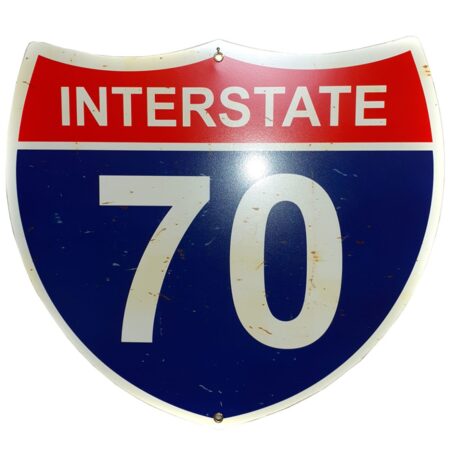 Interstate 70 Straatbord - Roestig Uitziende Plekjes - 43 x 38 cm | 12% korting | Fiftiesstore