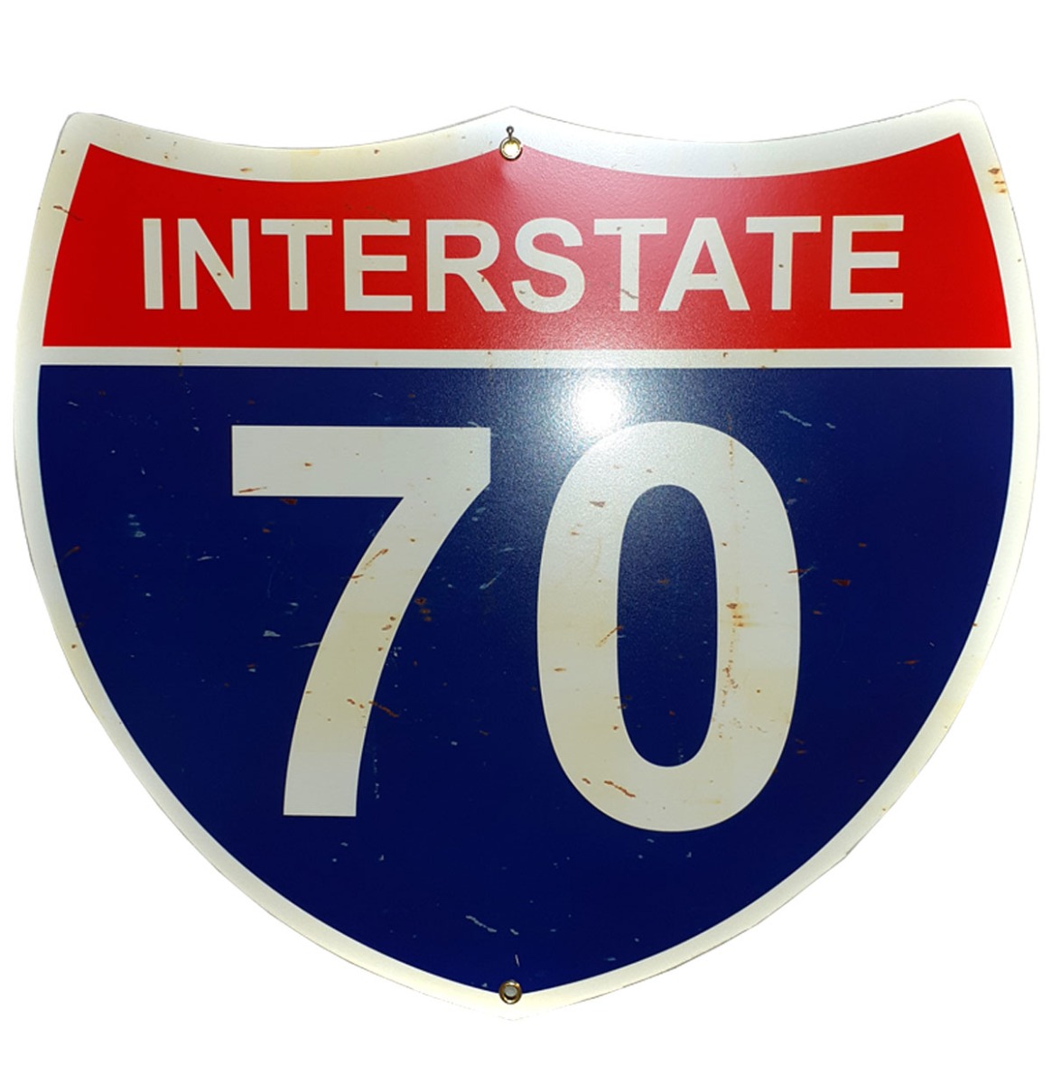 Interstate 70 Straatbord - Roestig Uitziende Plekjes - 43 x 38 cm | 12% korting | Fiftiesstore