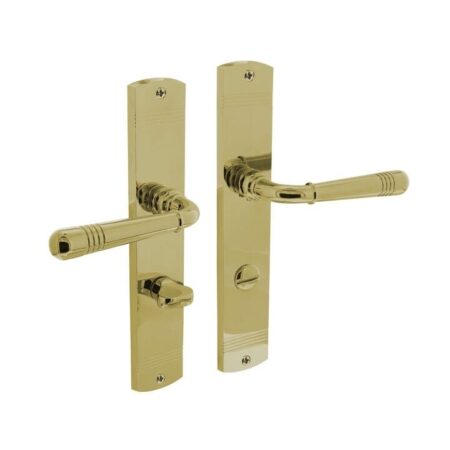Intersteel Deurklink Helena op schild 235x45x8 mm met wc63/8 mm messing gelakt | Intersteel