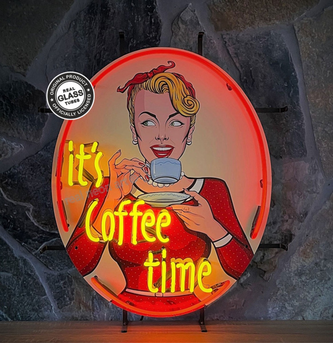It's Coffee Time Neon Verlichting Met Achterplaat - 64 x 78 cm | Real Neon Art