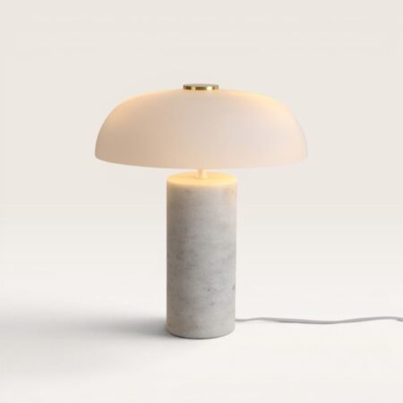 Ivelon Witte Tafellamp Marmer 35 cm - Dressoir lamp - Japandi design - E27 fitting - Opaalglas - Met aan/uit-schakelaar | LUSENZ