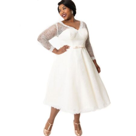 Ivory Lace Long Sleeve Martinique Bridal Dress-XL | 28% korting | Unique Vintage