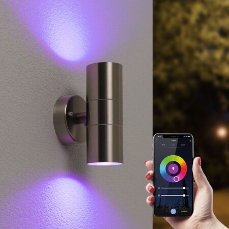Jasmin Smart Wandlamp LED - Wifi + Bluetooth - 11 Watt 800 lumen - RGBWW - IP44 waterdicht - GU10 - Up Down lamp - RVS - Google Home