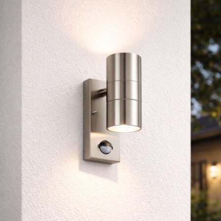 Jasmin wandlamp - RVS - 2700K Warm wit - Bewegingsmelder en schemerschakelaar - IP44 spatwaterdicht - Up & Downlight voor buiten | HOFTRONIC