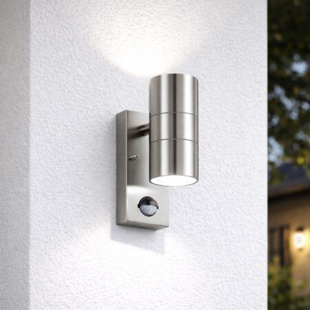 Jasmin wandlamp - RVS - 4000K neutraal wit - Bewegingsmelder en schemerschakelaar - IP44 spatwaterdicht - Up & Downlight voor buiten | HOFTRONIC