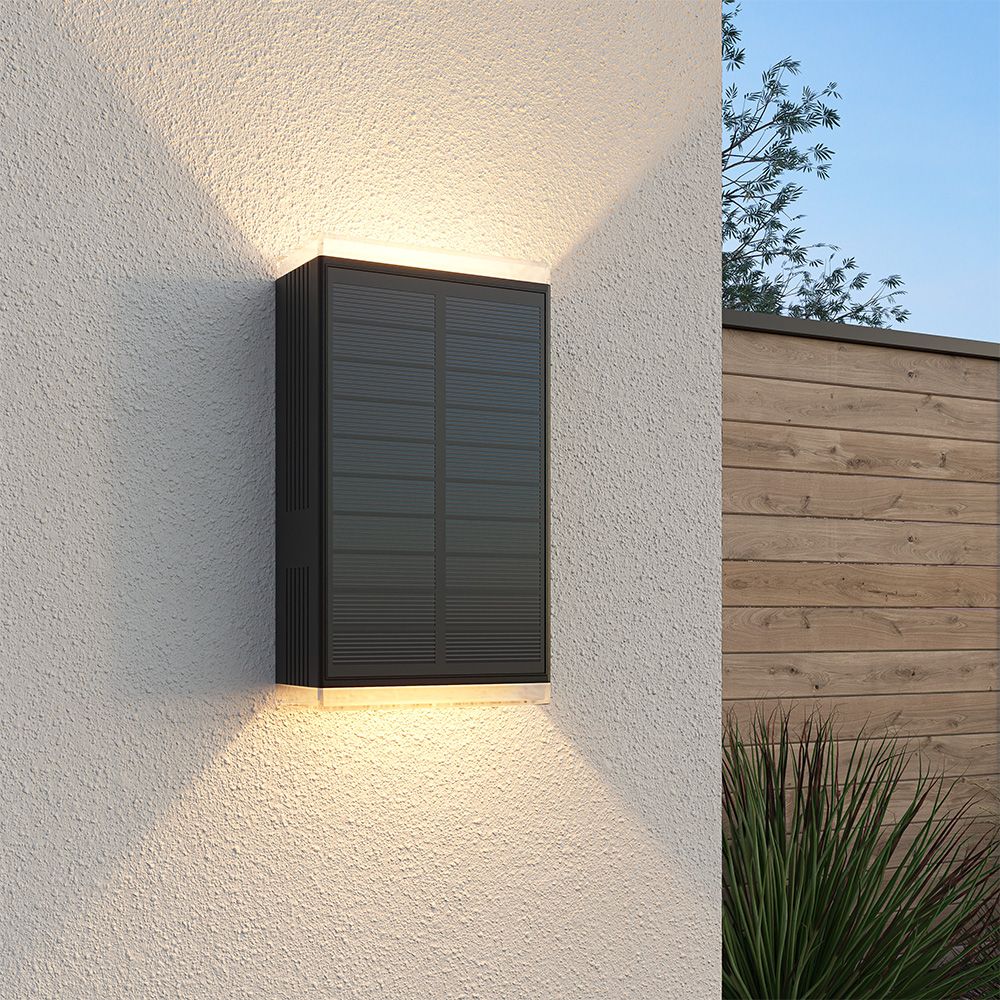 Jovi Solar LED Wandlamp - Incl. Schemerschakelaar - Up & Down light - 2700K warm wit - Zwart - IP65 waterdicht - 70 lumen - Tuinverlichting - Buitenlamp | HOFTRONIC