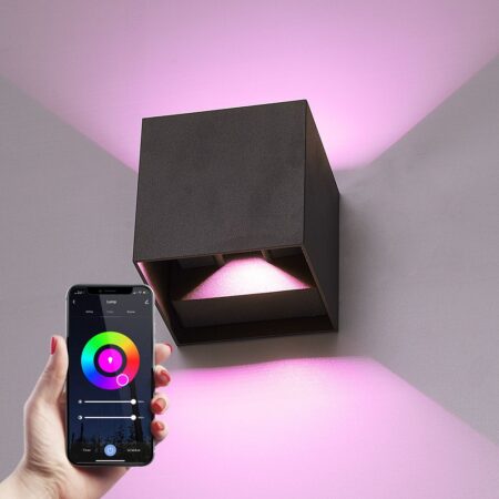 Kansas Smart Wandlamp LED Kubus - Wifi + Bluetooth - 6 Watt 560lm - Dimbaar - RGBWW - IP65 waterdicht - Up&Down lamp - Verstelbaar - Zwart - Google Home