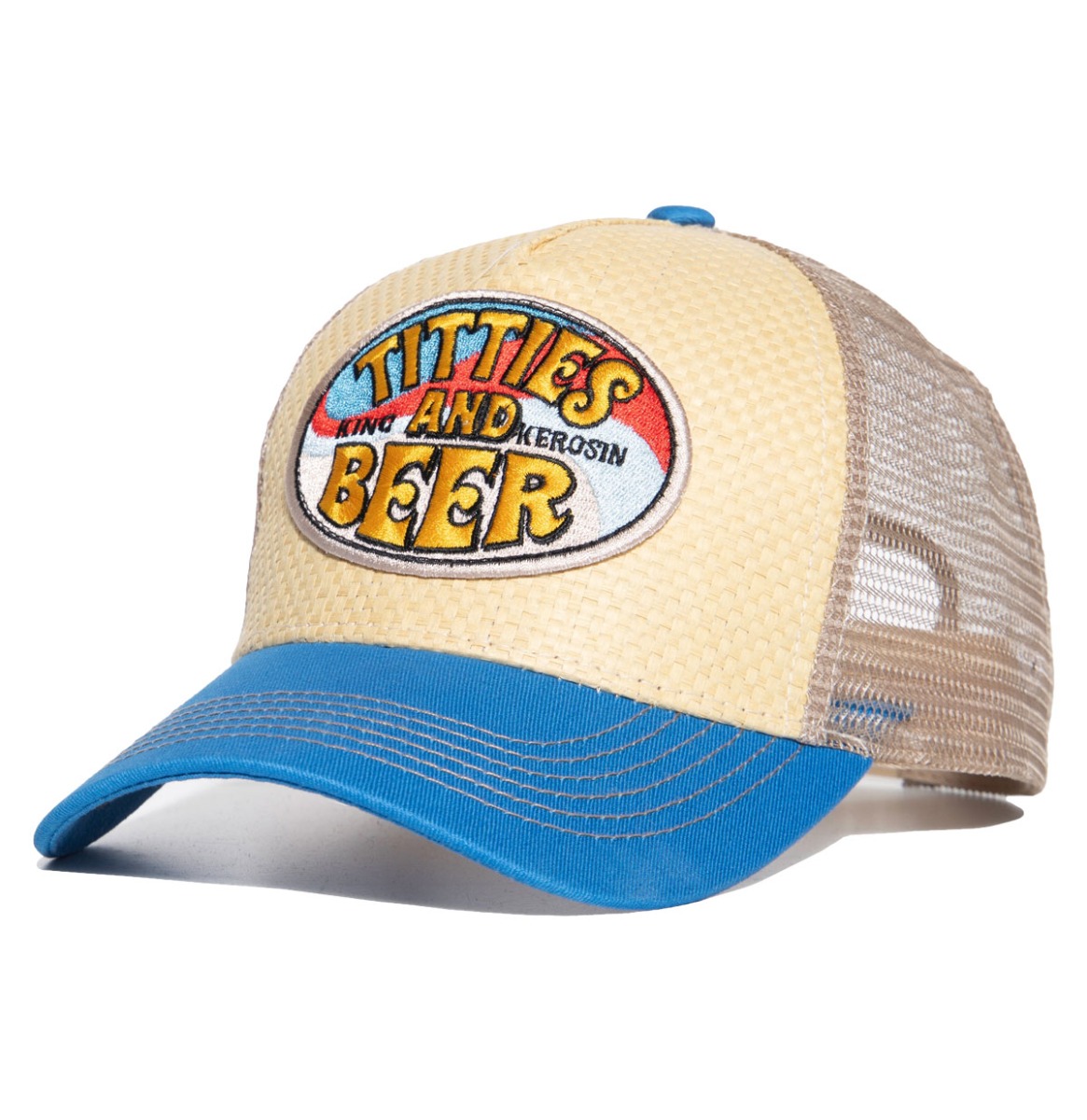 King Kerosin Trucker Pet 'Titties & Beer' Beige & Blauw | King Kerosin