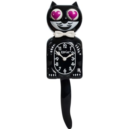 Kit-Cat Klock Zwart met Magenta Hartjesogen | Retro Wandklok | Kit-Cat Klock