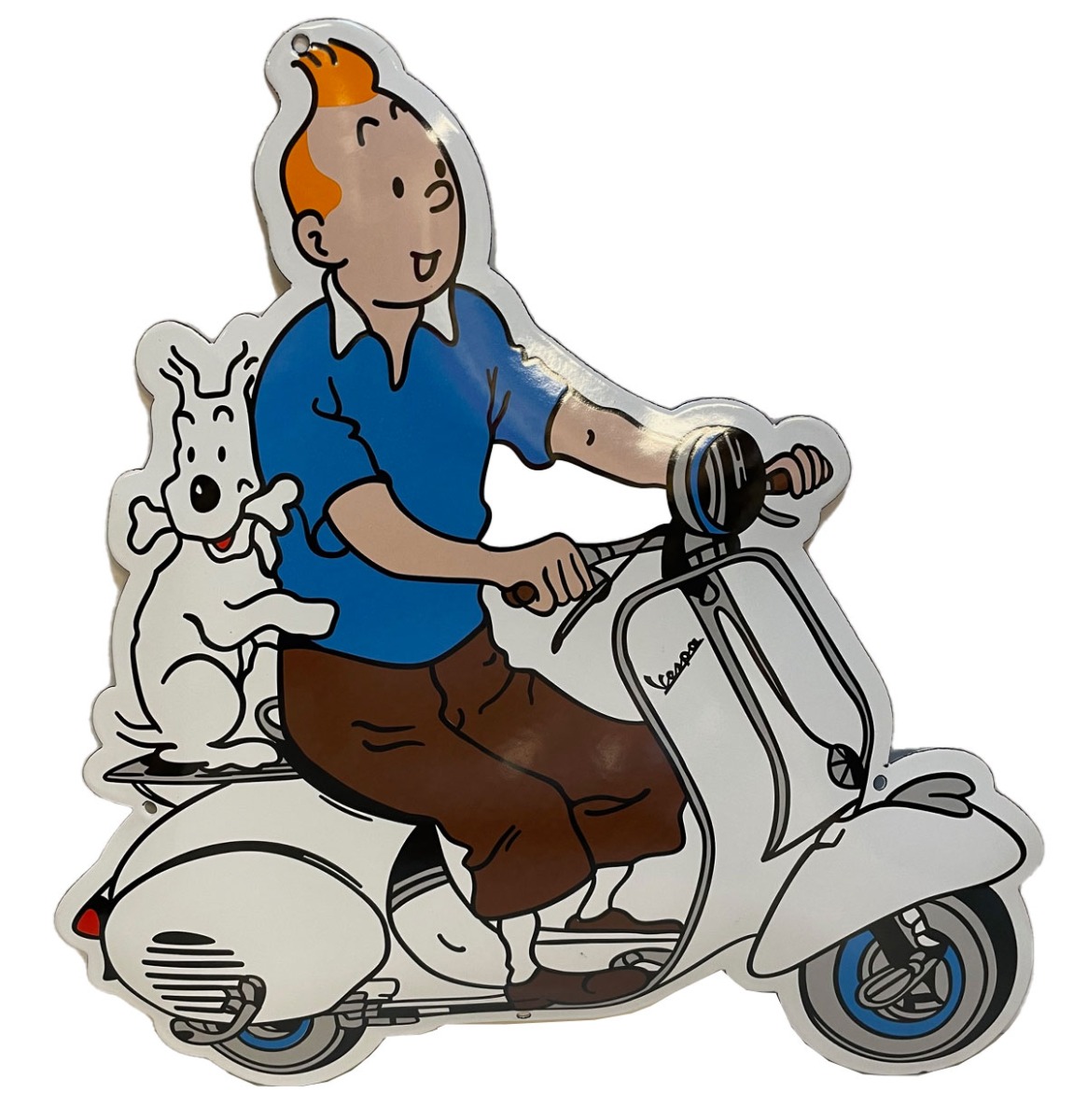 Kuifje met Bobbie Op Een Vespa Scooter Diecut Emaille Bord 44 x 45 cm | Vespa