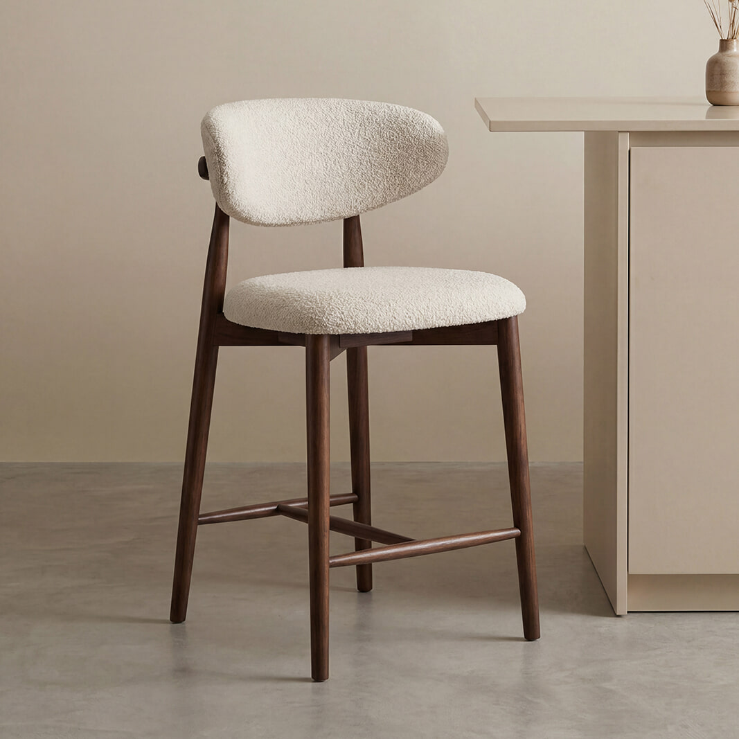 LABEL51 Barkruk Kyoto Superb-stof en walnoot essenhout - Naturel (zithoogte 64cm) | LABEL51