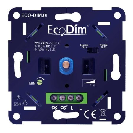 LED Dimmer Inbouw - 0-300 Watt - Geschikt voor fase aan- en afsnijding - Incl. wit frame en druk/draaiknop - Universeel - Min. Instelbaar - ECO-DIM.01 | Ecodim