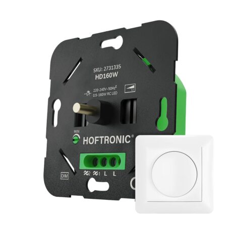 LED dimmer met draaiknop 160W - 0.5-160W - Fase-afsnijding (trailing edge) - Wisselschakeling - Soft-start - Instelbare dimbaarheid - Inclusief wit afdekraam | HOFTRONIC