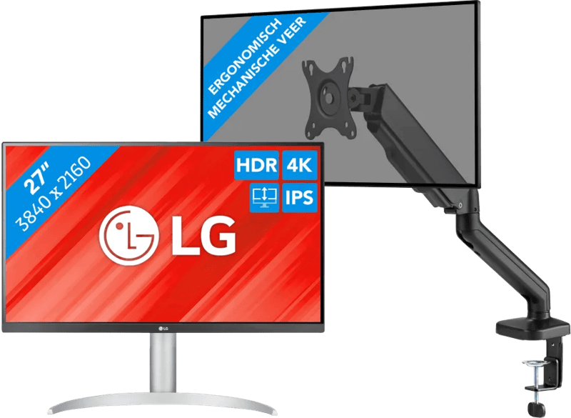 LG 27UP83AK-W + BlueBuilt Monitorarm Gasveer voor 1 Monitor