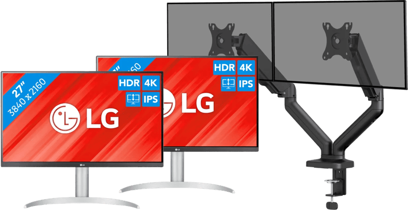LG 27UP83AK-W Duo Pack + BlueBuilt Monitorarm Mechanische Veer voor 2 Monitoren