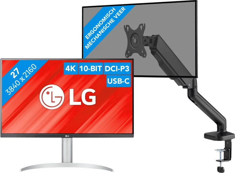 LG 27UP850K-W.AEU + BlueBuilt Monitorarm Gasveer voor 1 Monitor