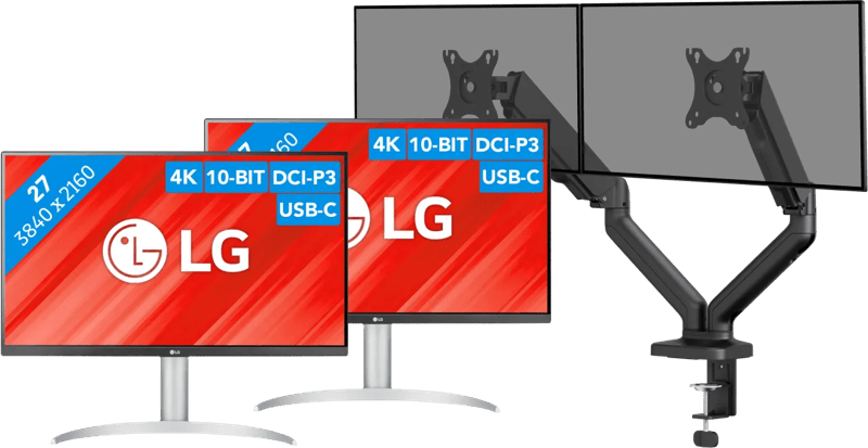 LG 27UP850K-W.AEU Duo Pack + BlueBuilt Monitorarm Mechanische Veer voor 2 Monitoren