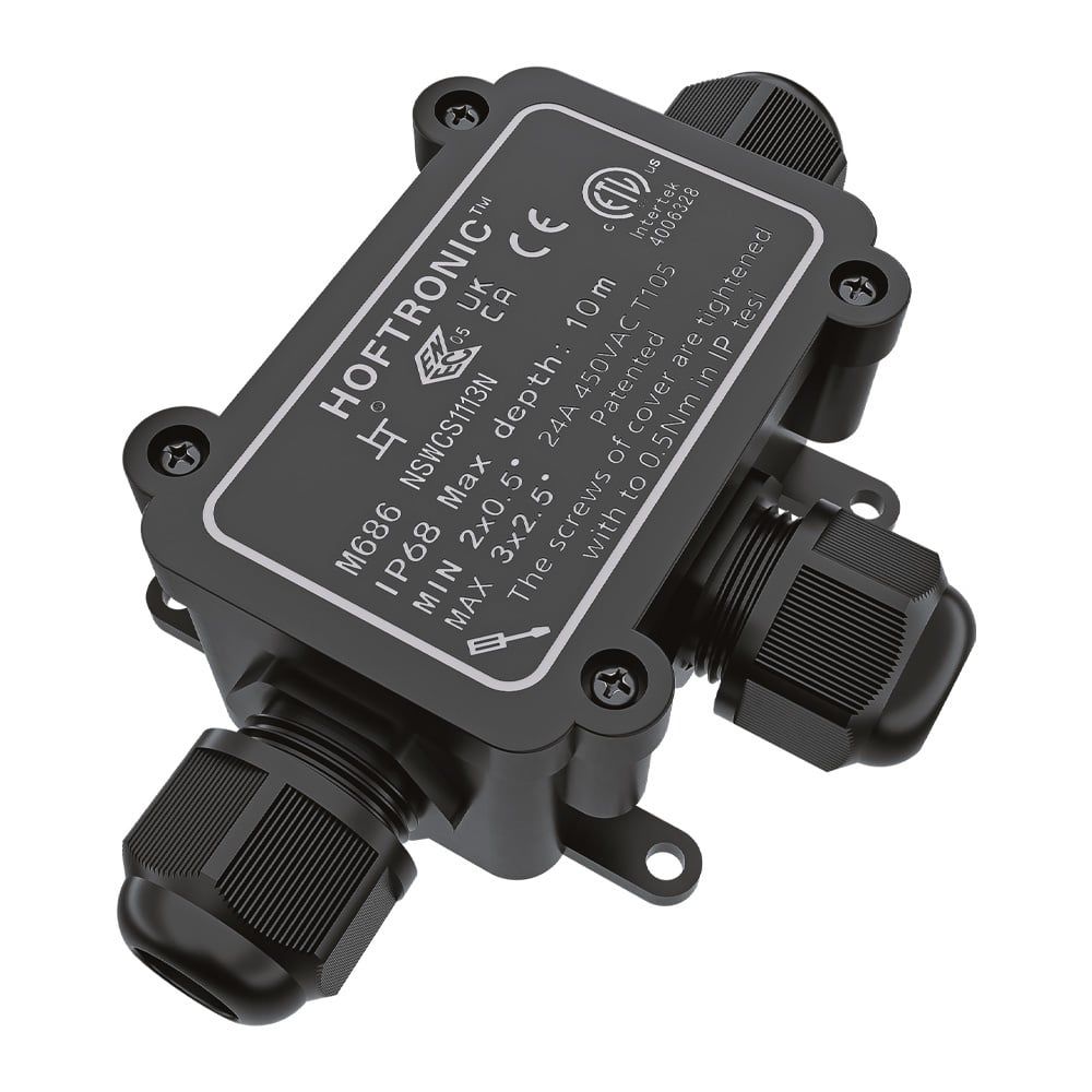 Lasdoos IP68 Waterdicht - 126x63x39mm - 3 ingangen - voor 2 en 3 aderige kabels (4-11mm) | HOFTRONIC