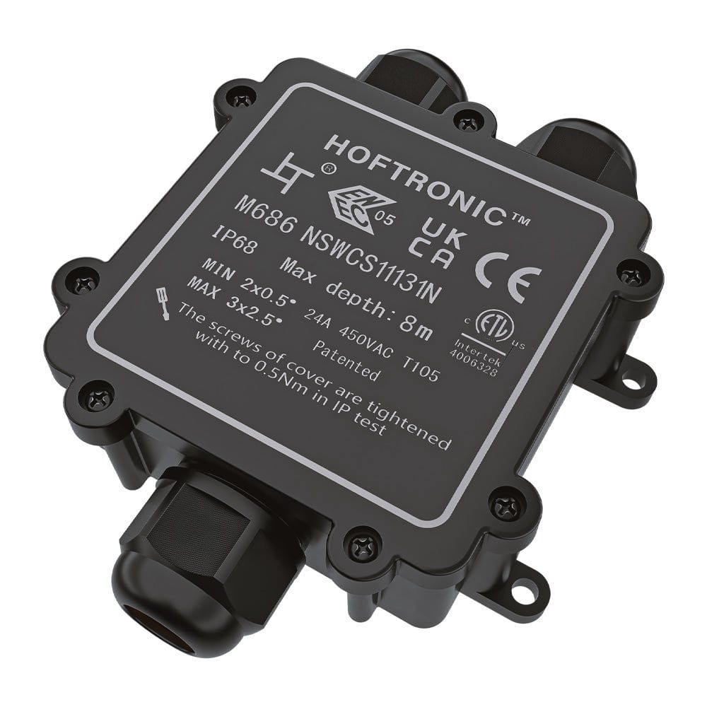 Lasdoos IP68 Waterdicht - 130x80x36mm - 3 ingangen - voor 2 en 3 aderige kabels (4-12mm) | HOFTRONIC