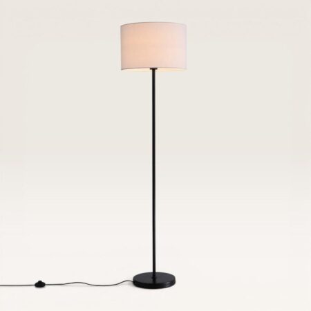 Lenyro - Zwarte Staande lamp Metaal 150 cm - Modern design - Woonkamer lamp - Linnen kap - E27 fitting - Met voetschakelaar | LUSENZ