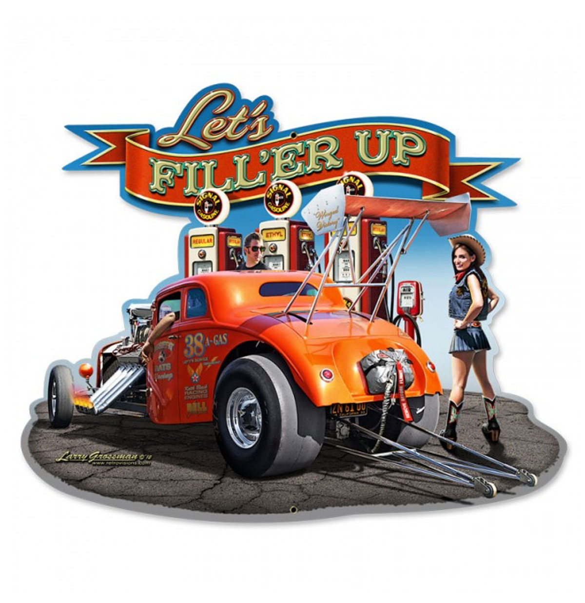 Let's Fill'er Up Hot Rod - Gas Station Zwaar Metalen Bord | Fiftiesstore