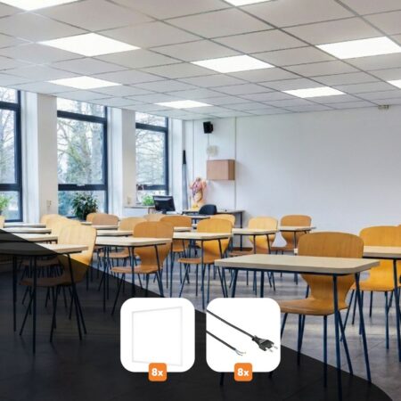 Lichtbundel 'BrightStudy' - Compleet pakket - Onderwijs - Klaslokaal - 6x8m - 7x9m - 8 panelen en 8 netsnoeren | HOFTRONIC