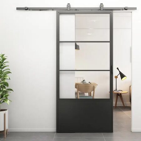 Loftdeur Stalen schuifdeur 3-vaks kickplate helder glas met schuifdeursysteem | Loftdeur
