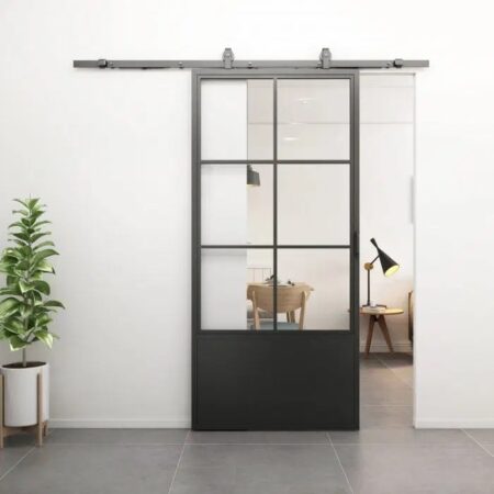 Loftdeur Stalen schuifdeur 6-vaks kickplate helder glas met schuifdeursysteem | Loftdeur