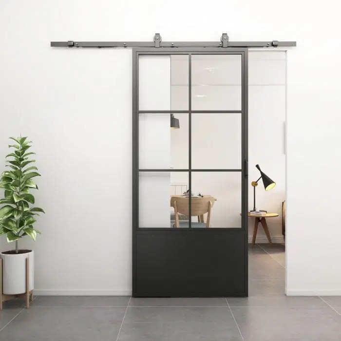 Loftdeur Stalen schuifdeur 6-vaks kickplate helder glas met schuifdeursysteem | Loftdeur