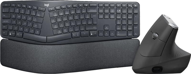 Logitech K860 + Logitech MX Vertical Ergo Muis