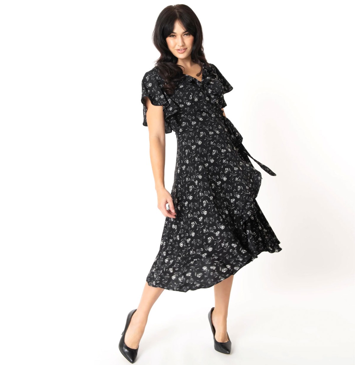 Luella Wrap Dress Floral Black / White-XXL | Unique Vintage