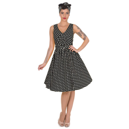 May V Neck Swing Dress Black Polka Dots-48 (NL)/ 22 (UK) | 50% korting | Dolly and Dotty