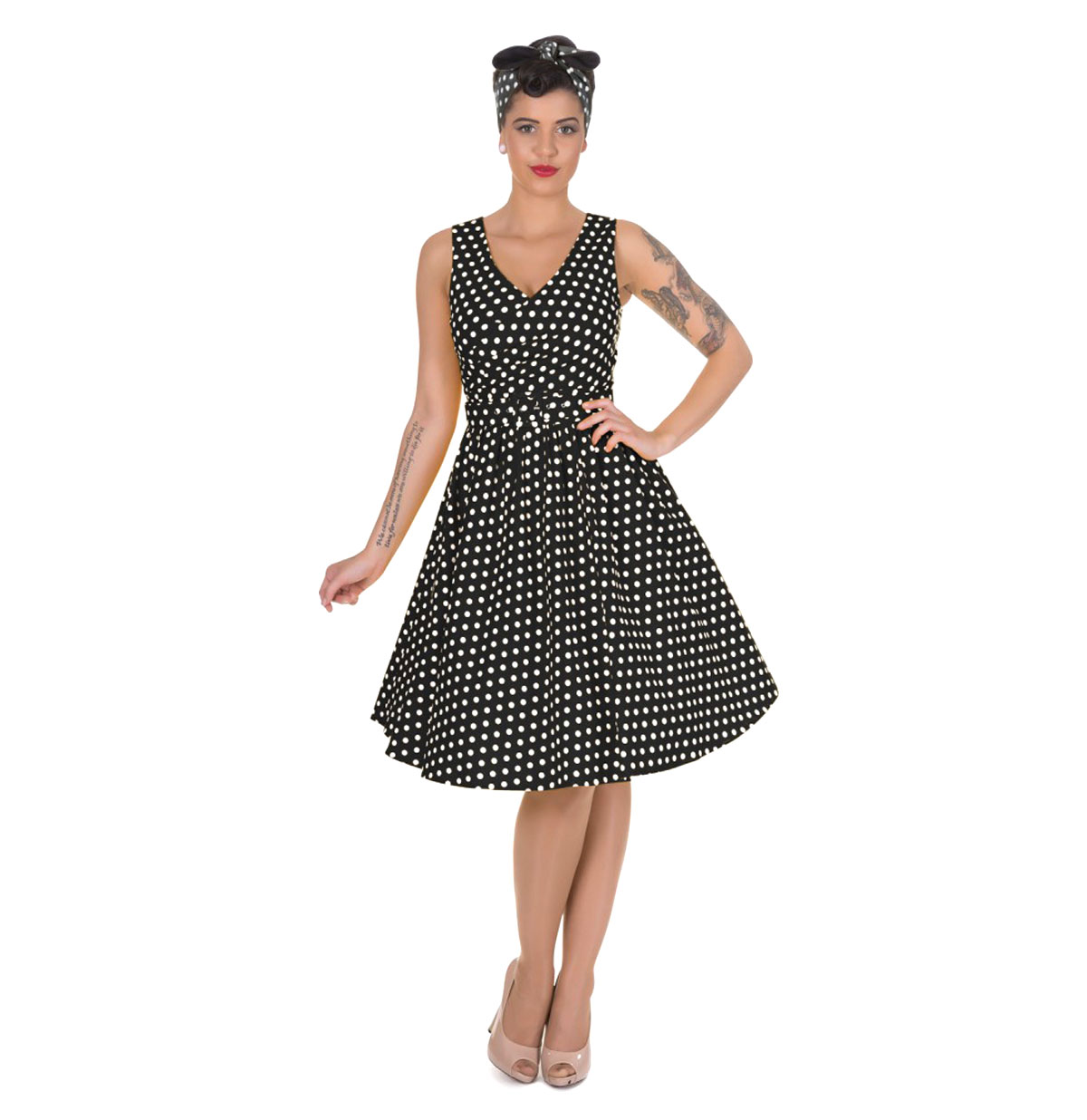 May V Neck Swing Dress Black Polka Dots-48 (NL)/ 22 (UK) | 50% korting | Dolly and Dotty