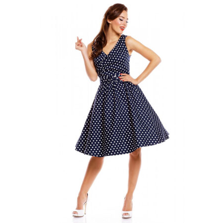 May V Neck Swing Dress Navy Polka-5XL | 25% korting | Dolly and Dotty