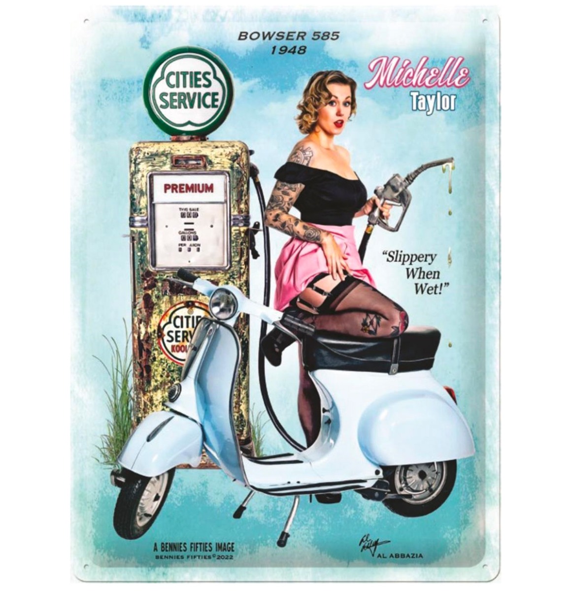 Michelle Taylor - Bowser 585 Benzinepomp - 1948 - Metalen Bord Met Reliëf | Bennies Fifties