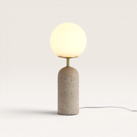 Naeva - Design Tafellamp Travertin voet met glazen bol 40 cm - Dressoir lamp - Japandi design - E27 fitting - Opaalglas - Met aan/uit-schakelaar | LUSENZ