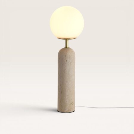 Naeva - Design Tafellamp Travertin voet met glazen bol 50 cm - Dressoir lamp - Japandi design - E27 fitting - Opaalglas - Met aan/uit-schakelaar | LUSENZ