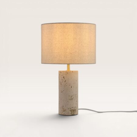 Nalori - Design Tafellamp Travertin met Linnen Lampenkap 40 cm - Tafellamp woonkamer - Scandinavisch design - Beige - E27 fitting - Met aan/uit-schakelaar | LUSENZ