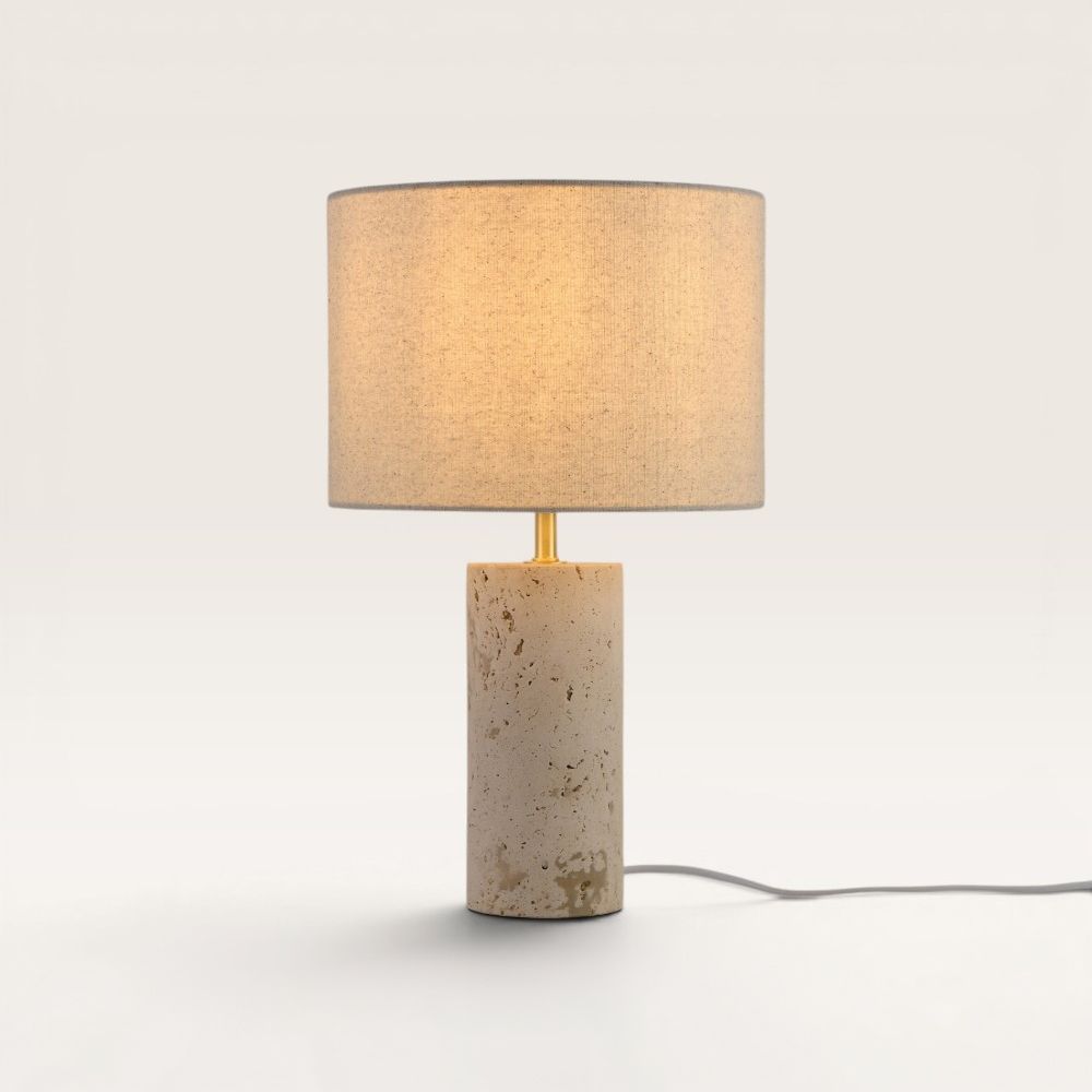 Nalori - Design Tafellamp Travertin met Linnen Lampenkap 40 cm - Tafellamp woonkamer - Scandinavisch design - Beige - E27 fitting - Met aan/uit-schakelaar | LUSENZ