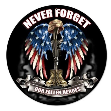 Never Forget Our Fallen Heroes Zwaar Metalen Bord - 35 cm Rond | Bennies Fifties